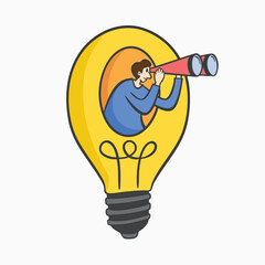 Illustration of a man inside a lightbulb looking through binoculars, symbolizing idea search and future vision.