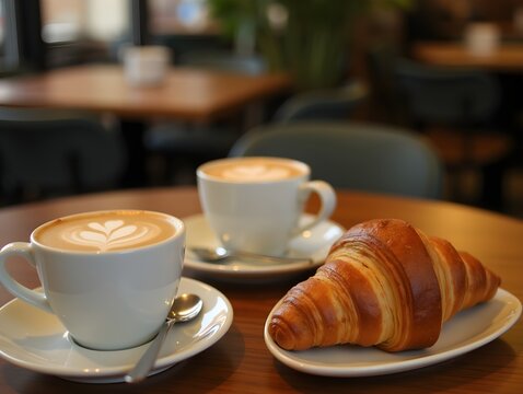 Enjoying coffee and croissants in cafe. Two cups of coffee sit on a wooden table alongside a fresh croissant, creating a cozy cafe vibe.