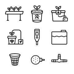 Hydroponic Icon Set. Outline icon set of hydroponic systems: nutrient film technique tray, deep water culture bucket, ebb and flow