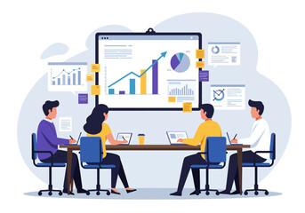 A professional vector illustration of a business meeting presentation, where a team collaborates and analyzes data on large screens, perfect for corporate and analytical themes