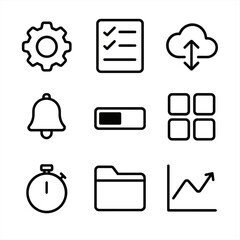 Productivity Icon Set. Outline icon set of productivity tools and apps: gear settings, task list, cloud sync, notification bell,