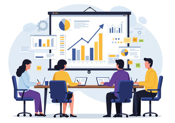 A professional vector illustration of a business meeting presentation, where a team collaborates and analyzes data on large screens, perfect for corporate and analytical themes
