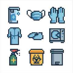 Hygiene and Safety Icons. Pixel art icon set of hygiene and safety: hand sanitizer dispenser, surgical mask, sterile gloves, gown,