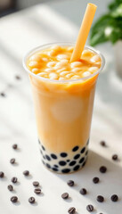 A barista pours vibrant bubble tea in a fresh, trendy café setting.









