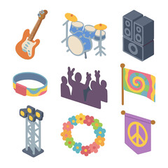 Psychedelic Festival Icons. Isometric Flat icon set of Psychedelic Music Festival: electric guitar, drum set, stage speakers,