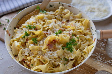 Traditional pasta alla carbonara fresh and homemade cooked