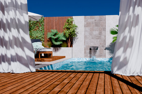 Wooden decking stage with canopy curtains behind luxury swimming pool in modern hotel villa. Tropical home poolside relaxing patio showroom mockup template. Aesthetic desert architecture style. - Powered by Adobe
