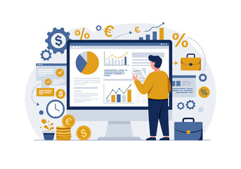 A focused vector illustration of a businessman analyzing financial data and charts on a computer, highlighting key elements of business and finance