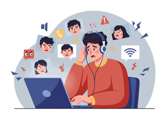 A vector illustration portraying the stress and frustration of a problematic online business meeting or video conference call, full of technical issues