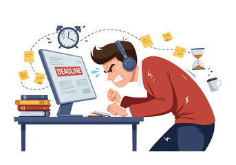 A dynamic vector illustration depicting the intense pressure and stress of a tight business deadline, with a frustrated man working furiously at his computer