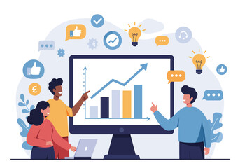 Collaborative flat vector illustration: A diverse team of professionals analyzes a rising financial graph on a large screen, surrounded by lightbulbs and gears, symbolizing successful business strateg
