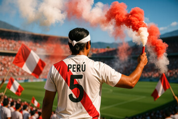 Peruvian Soccer Fan Celebrating with Red Flare

