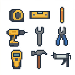 Fototapeta premium Installation Tools Icons. Pixel art icon set of installation tools: tape measure, spirit level, pencil, drill, wrench, pliers,