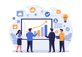 Collaborative flat vector illustration: A diverse team of professionals analyzes a rising financial graph on a large screen, surrounded by lightbulbs and gears, symbolizing successful business strateg