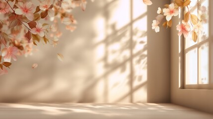 Interior room with sunlight streaming through a window and flowers.