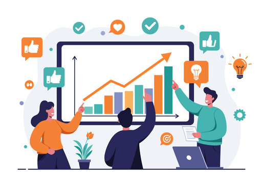 Collaborative flat vector illustration: A diverse team of professionals analyzes a rising financial graph on a large screen, surrounded by lightbulbs and gears, symbolizing successful business strateg