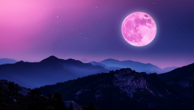 silhouette of mountains with small pink full moon in the night sky above - Powered by Adobe