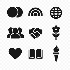 Intersectional Activism Icons. Solid, Filled icon set of intersectional activism: overlapping circles, rainbow, globe, diverse