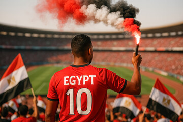 Egyptian Fan Holding Flare in Packed Stadium

