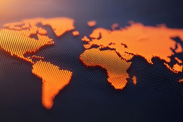 A digital representation of a world map with highlighted continents in glowing orange dots on a dark background.