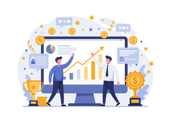 flat vector illustration: Two business partners celebrate success with raised hands, financial growth charts on screen, gold coins, a trophy, and confetti. Achievement and teamwork