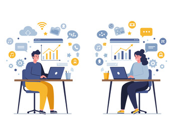 Fototapeta premium Dynamic flat vector illustration: Two professionals independently work on laptops, showcasing online task management, communication, and financial growth with charts and speech bubbles