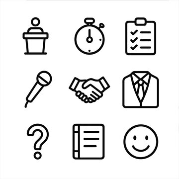 Interview Icons Grid. Outline icon set of interview preparation: podium, timer, checklist, microphone, handshake, suit, question