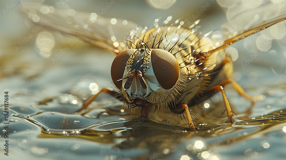 Poster This close-up image captures a fly standing on shimmering water droplets, showcasing intricate details of its anatomy while creating a sense of wonder and curiosity.