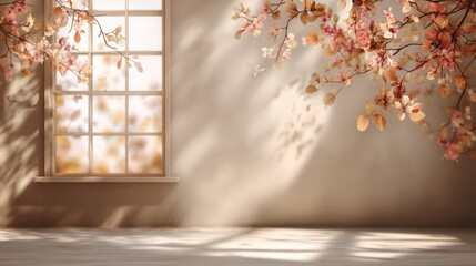 Window light on wall with autumn leaves creating shadows in a room.