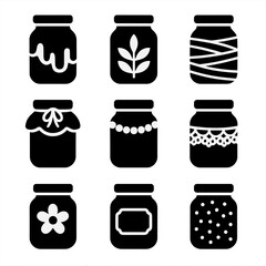 Jar Decoration Icons. Solid, Filled icon set of jar decoration techniques: painted jar, etched glass, twine wrap, fabric cover,