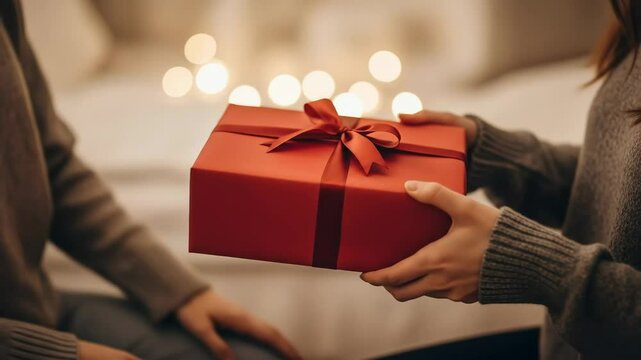 Hands of two individuals are exchanging a red gift box adorned with ribbon, capturing the essence of sharing and joy during festive occasions, with soft bokeh lights in the background