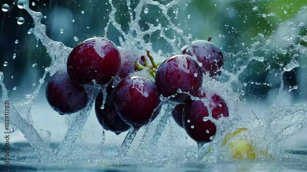 Poster grape berries rolling and splashing on a wet surface during a rain shower in a natural setting, grap