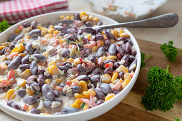 Delicious homemade kidney bean salad with sour cream dressing. 
