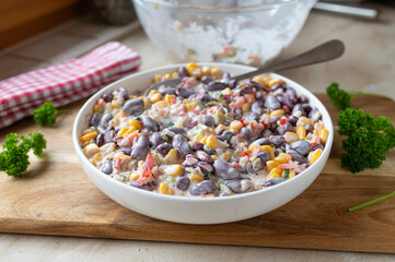 Delicious homemade kidney bean salad with sour cream dressing. 