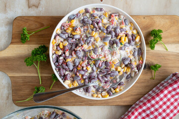 Delicious homemade kidney bean salad with sour cream dressing. 