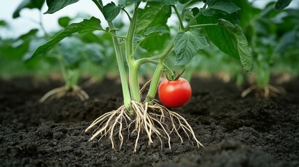 Detailed Display of Tomato Plant Growth Showing Extensive Roots, Development, and Ripe Tomato