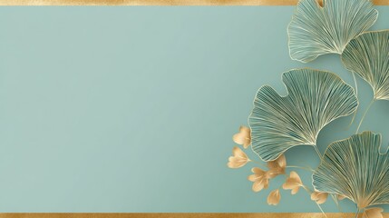 Ginkgo leaves on a light blue background with gold accents simple elegant design.