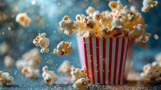An artistic capture of popcorn bursting out from a classic movie theater bucket, creating a dynamic and lively representation of fun and excitement associated with cinema.