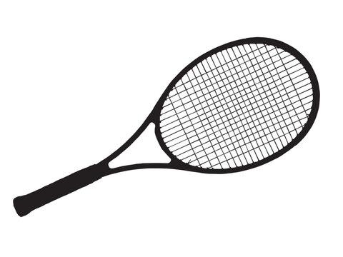 Vector isolated one single tennis badminton racket  colorless black and white outline silhouette shadow shape stencil solid black