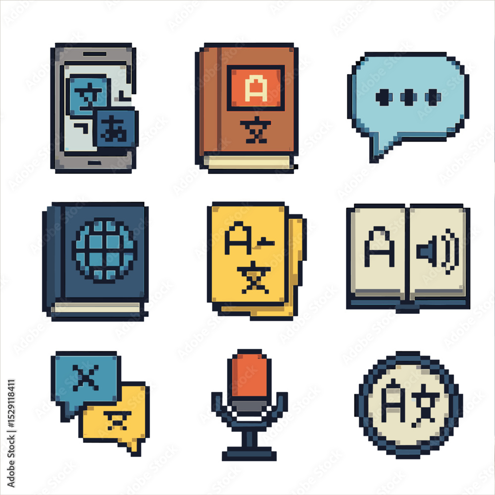 Poster language tool icons. pixel art icon set of language and communication tools: translation app, phrase