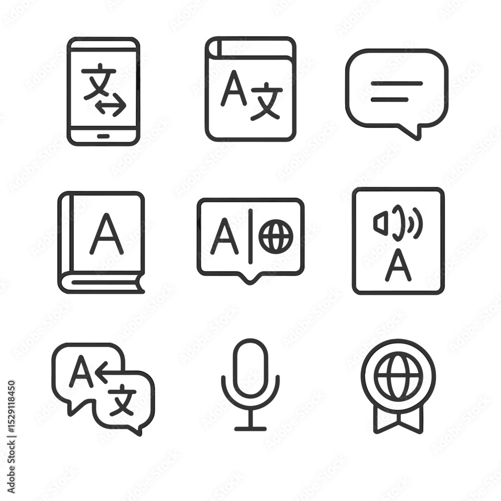 Poster language tool icons. outline icon set of language and communication tools: translation app, phrasebo