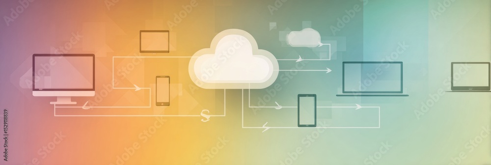 Poster cloud storage concept infographic depicting devices connected through arrows illustrating data trans