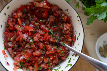 Fresh and homemade tomato salsa  Pico de gallo in a bowl