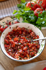 Pico de gallo. Homemade fresh prepared mexican tomato salsa