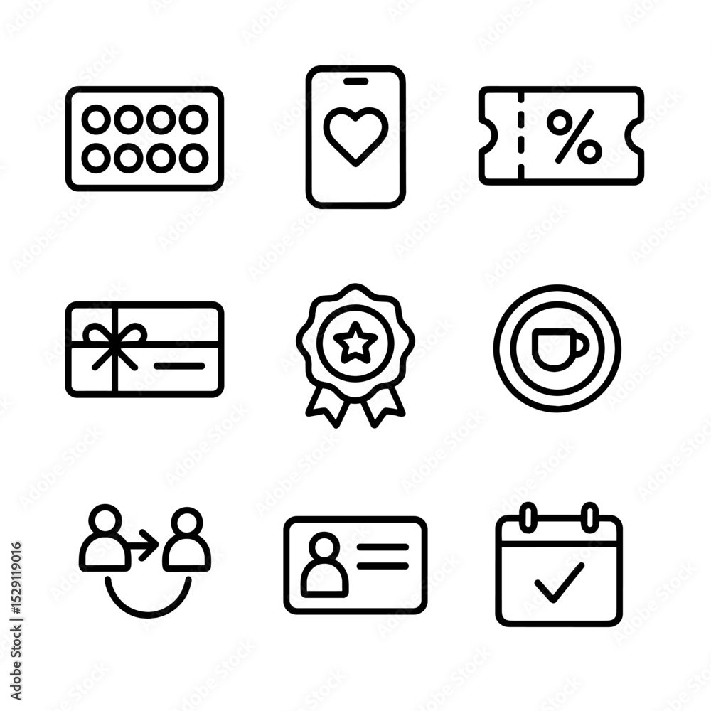 Poster loyalty program icons. outline icon set of loyalty program elements: stamp card, mobile app icon, di
