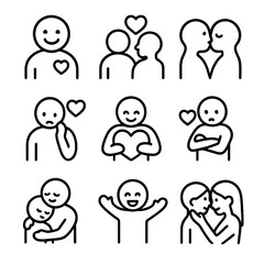 Outline Love Icons. Outline icon set of love emotions: happiness, affection, passion, longing, jealousy, comfort, trust,