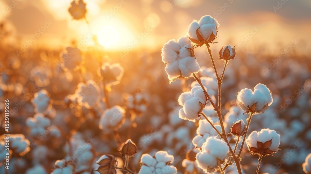 Poster a tranquil scene of a vast cotton field illuminated by the warm glow of the setting sun, emphasizing