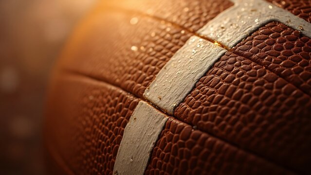 Close up of a brown football with a white stripe and water droplets on it