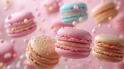 Fototapeta premium An artistic arrangement of floating macarons in pastel colors, evoking joy and sweetness, perfect for sweet treats and dessert lovers craving delightful experiences.