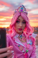 Pink Hair, Crown, and Candy-Themed Costume A Stunning Sunset Selfie